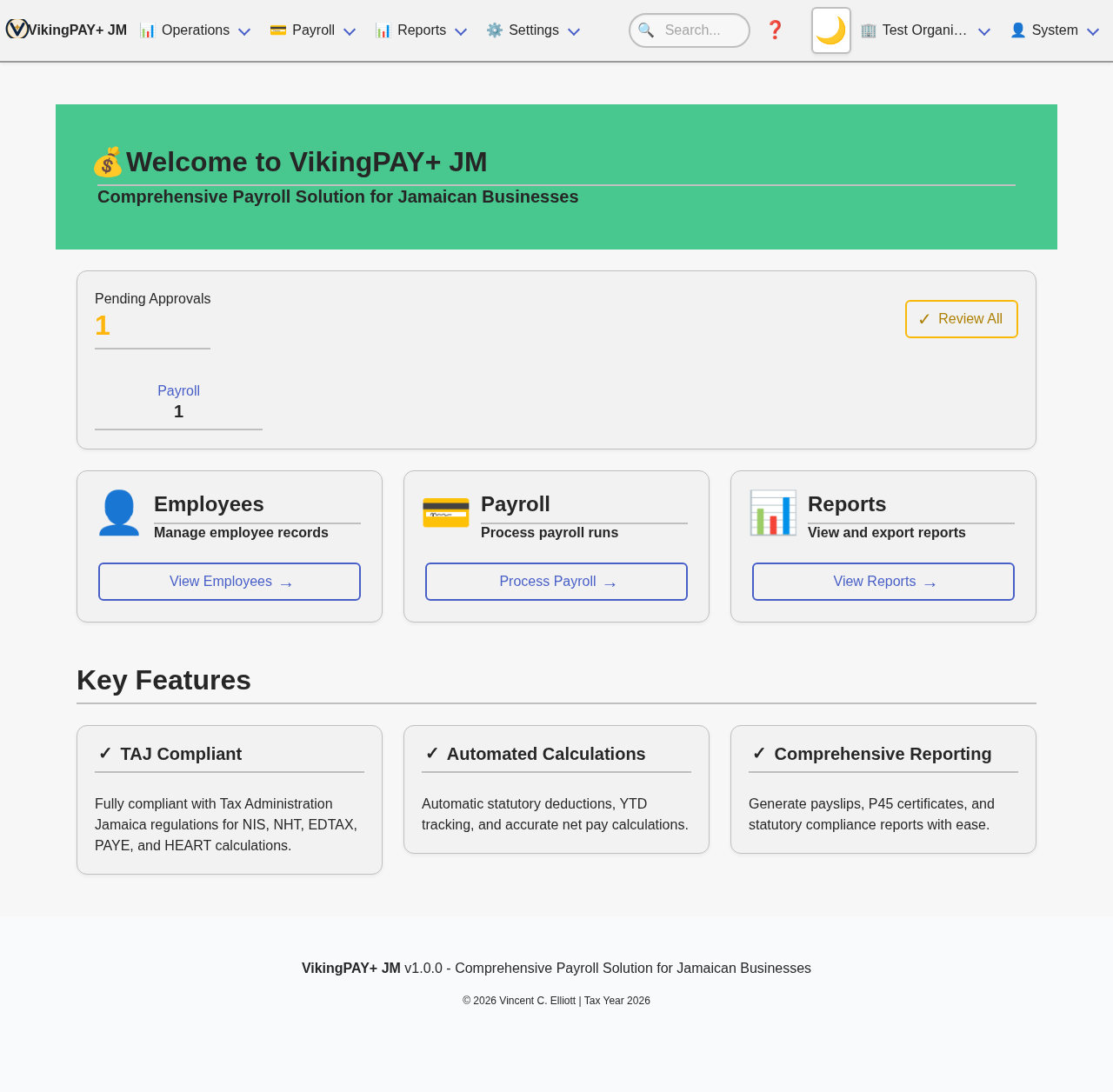 The VikingPAY+ manager dashboard showing payroll status and upcoming filings