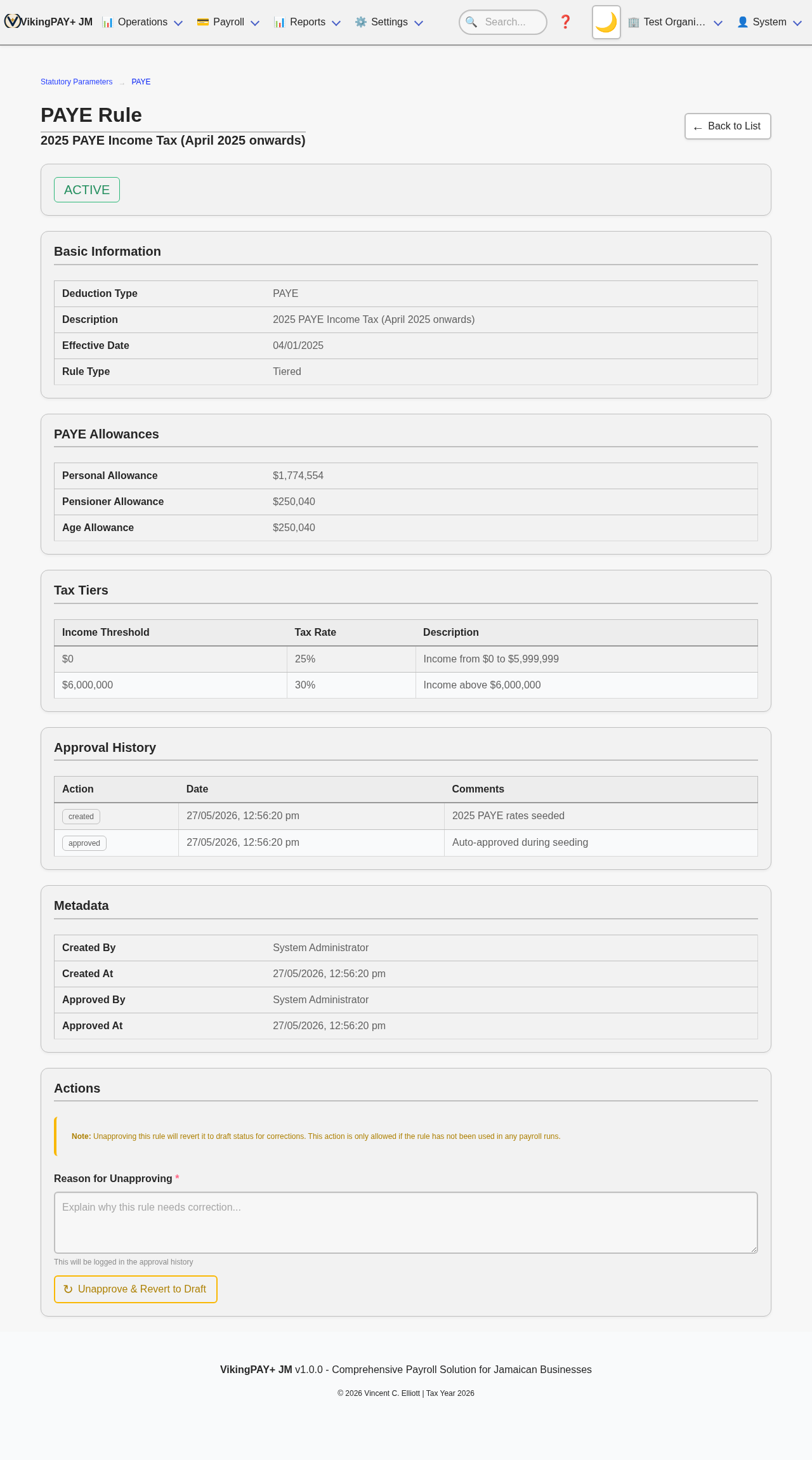 VikingPAY+ PAYE tier configuration showing rate bands tracked by effective date