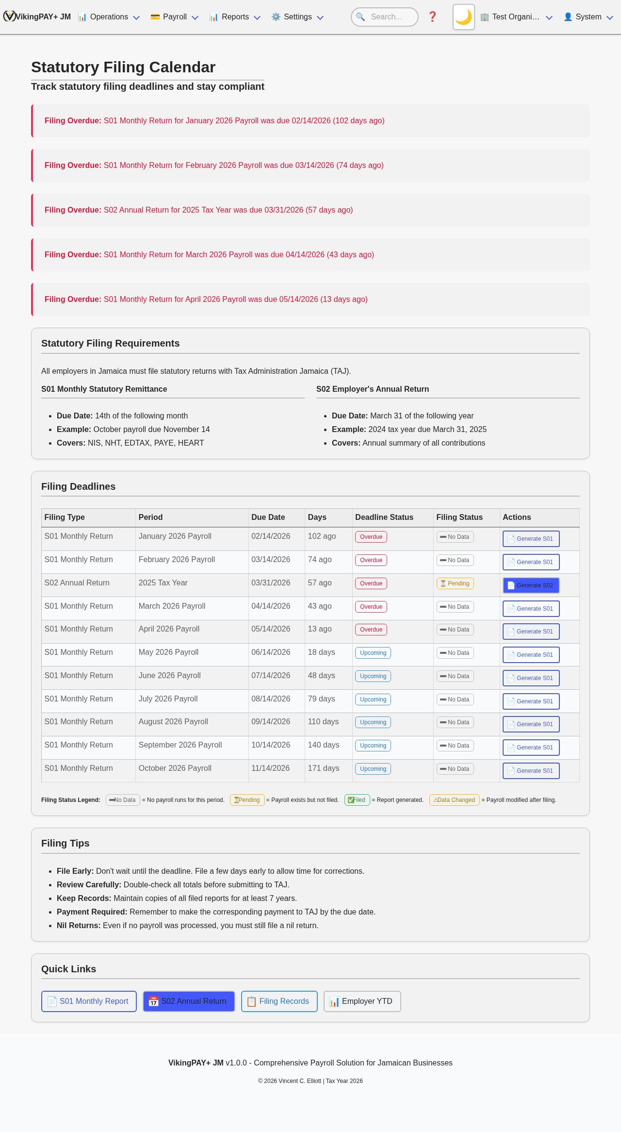 The VikingPAY+ statutory filing calendar listing upcoming TAJ deadlines
